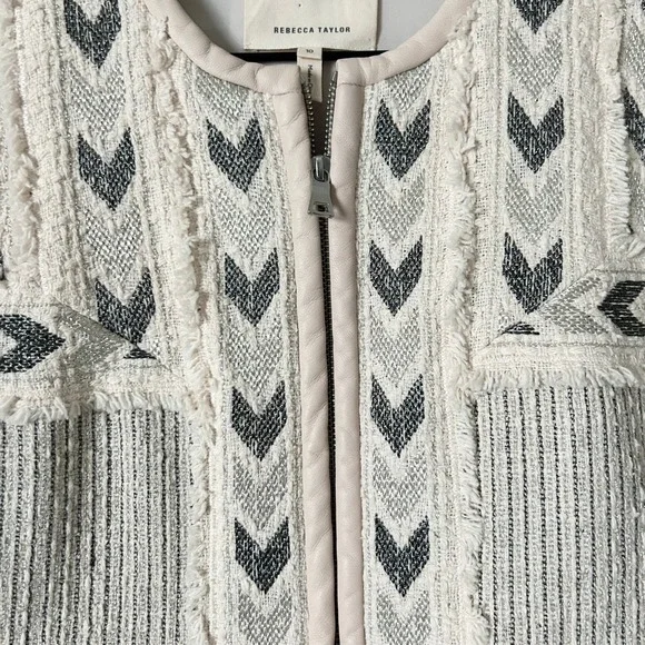 Rebecca Taylor Tweed Embroidered Fringe Blazer Jacket in Cream Pale Pink Size 10 - Picture 3 of 6